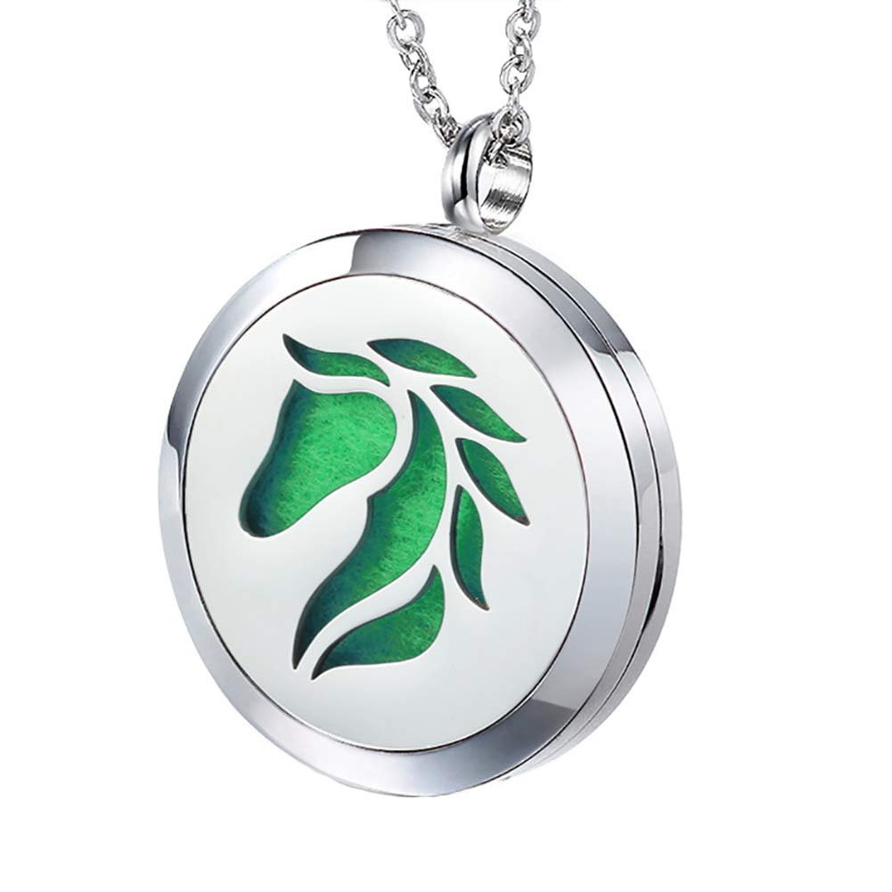 Popeoiuh Essential Oil Diffuser Necklace Aromatherapy Jewelry Stainless Steel Horse Animal Locket Pendant with 24 inch Chain 8 Pads Birthday Christmas Jewelry Gift for Women Men