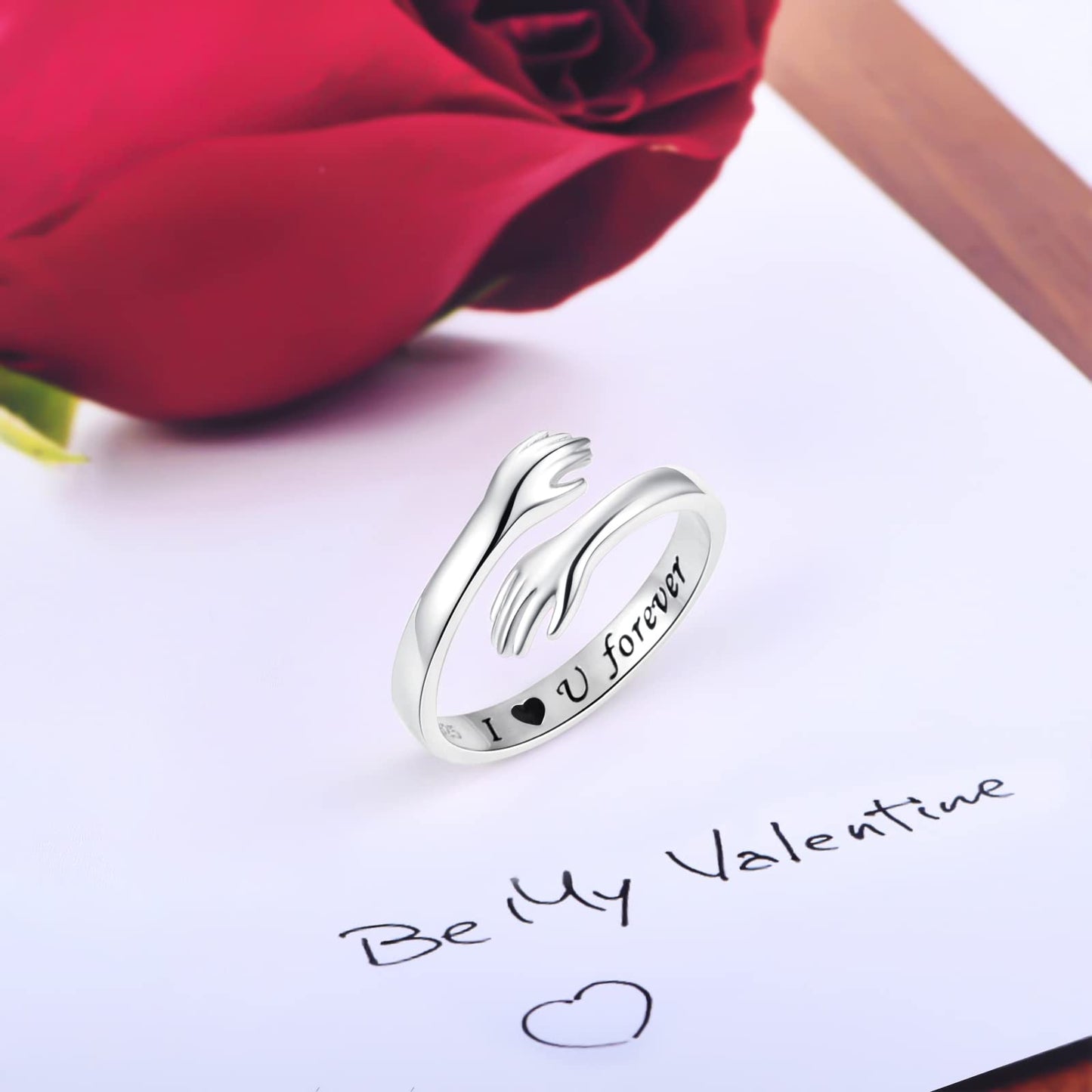 925 Sterling Silver Adjustable Hug Ring Come to My Arm Couple Hugging Rings for Women Mens Wedding Band Rings I Love You Forever Engraved Wrap Around Rings Hand Ring Jewelry for Women Teens (Silver)