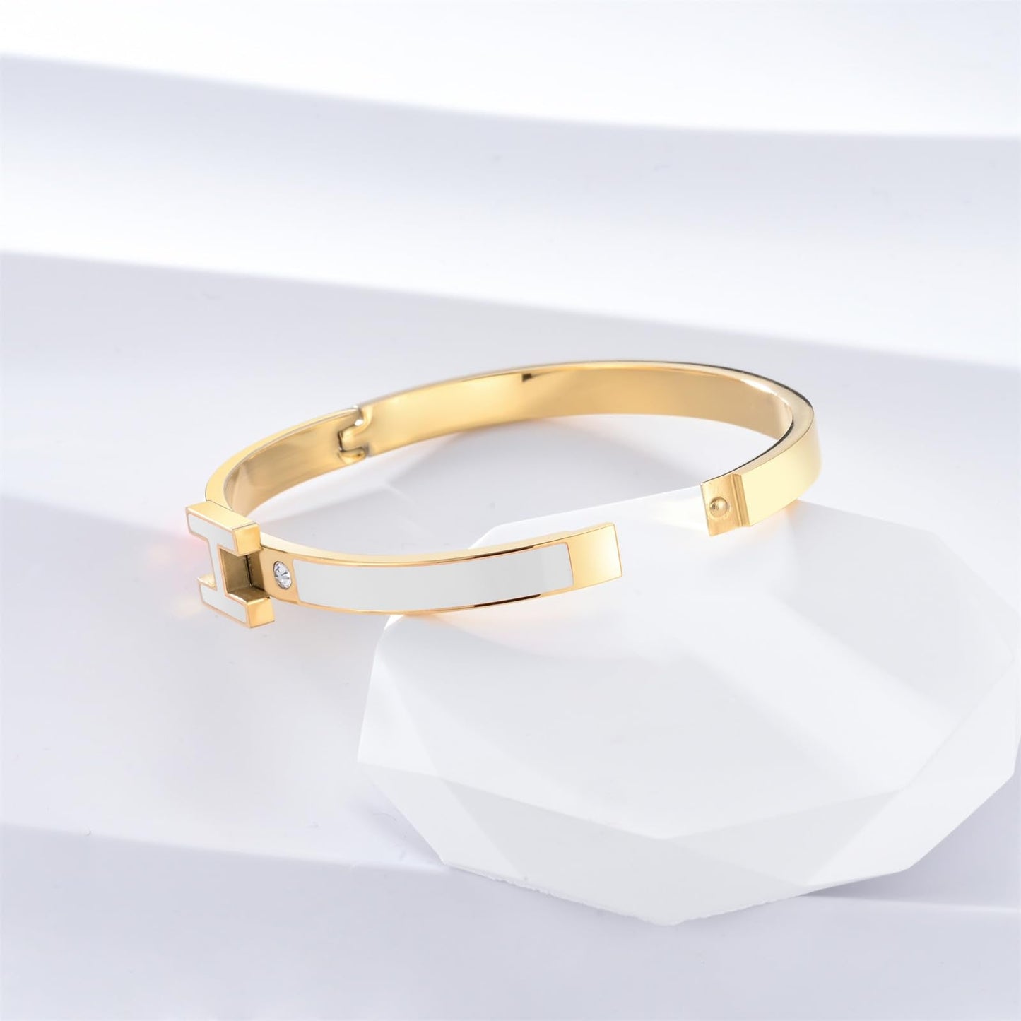 Hothink H Bracelets for Women,H Bangle and H Wire Rope Bracelet Set,Dainty 18K Gold Plated Bracelets Set for Christmas Mothers Day Gifts for Women (Gold-White)