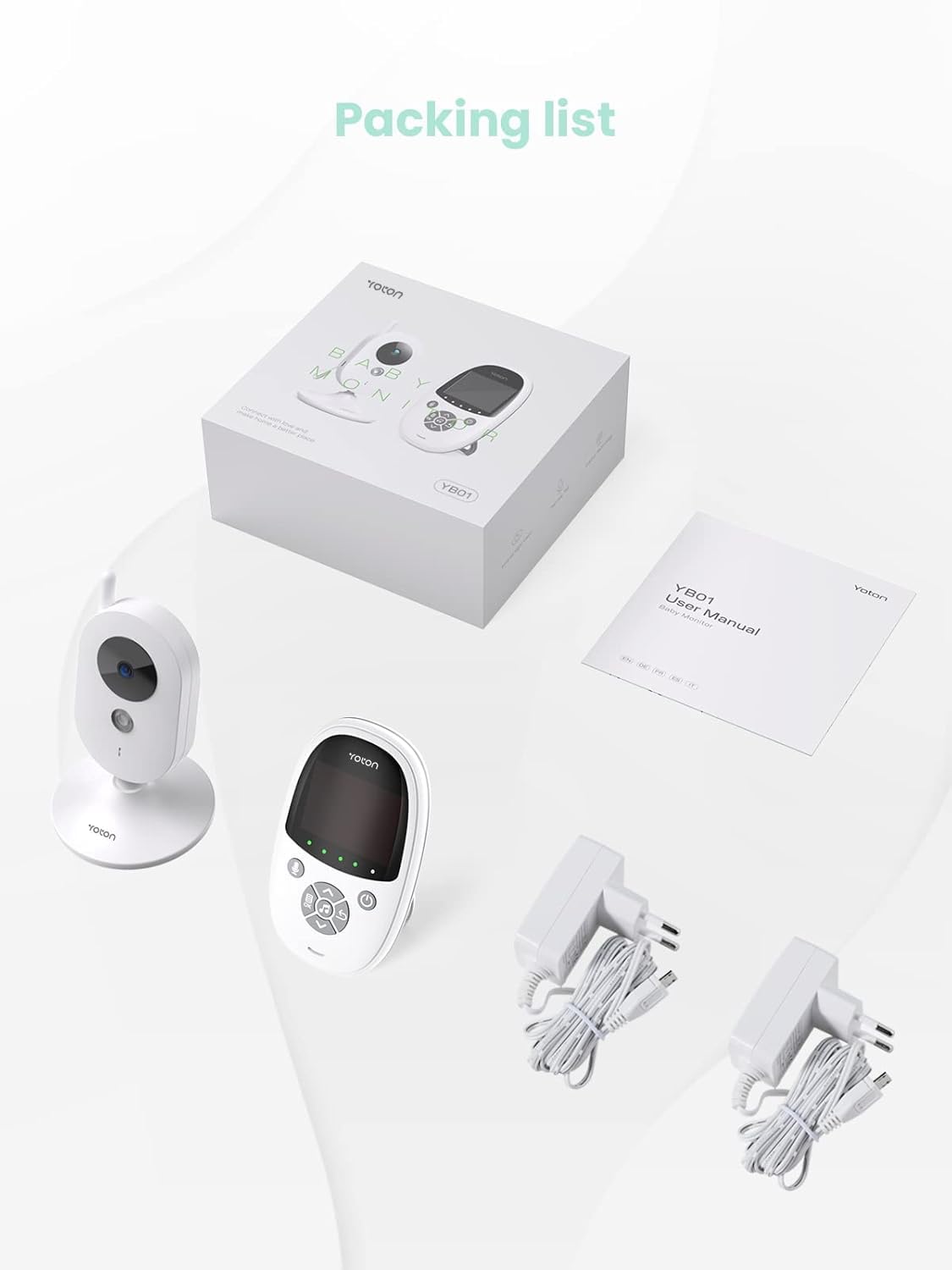 YOTON Baby Camera Monitor, Baby Monitor with Camera Night Vision, No WiFi, 1.8m USB-C Charging Cable, 2.4" Screen, 2-Way Talk, Feeding Reminder Temperature Sensor and 8 Lullabies