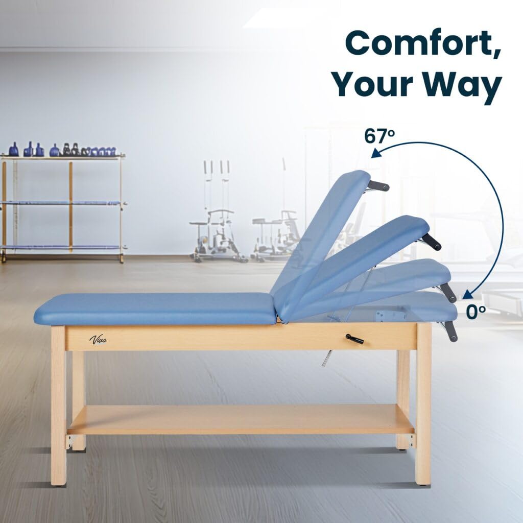Vivacomfort Aristo H-Brace Tilted Treatment Table with Shelf and Cabinet, 500 lbs Weight Capacity, Blue