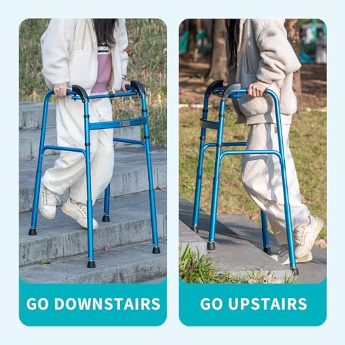 Foldable Stair Climbing Walker for Seniors,Adjustable 4-Leg Height Safety and Convenience Blue