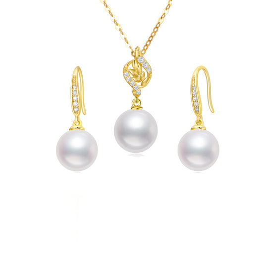 14k Gold Diamond Pearl Necklace and Earrings Set