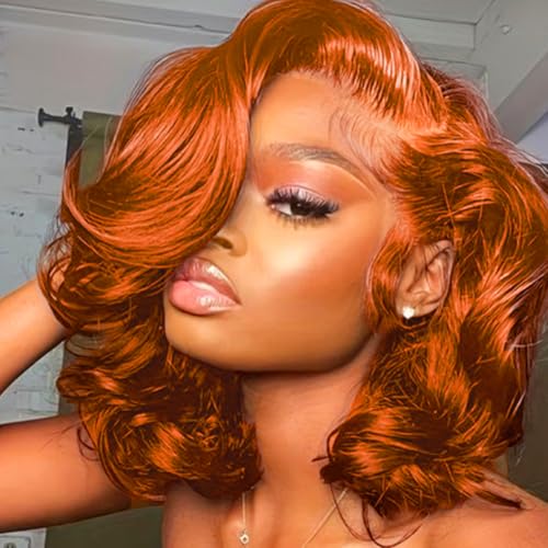 Short Bob Wig 350 Ginger Orange 16 Inch 180% Density Human Hair 13x4 HD Transparent Lace Front Wig with Baby Hair for Women