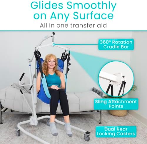 Vive Lightweight Hydraulic Patient Lift for Home Use with Sling - Portable Lift Assist System for Elderly & Disabled - Medical Transfer Aid for Floor, Falls, Car, Wheelchair & Bed - Sit to Stand Lift