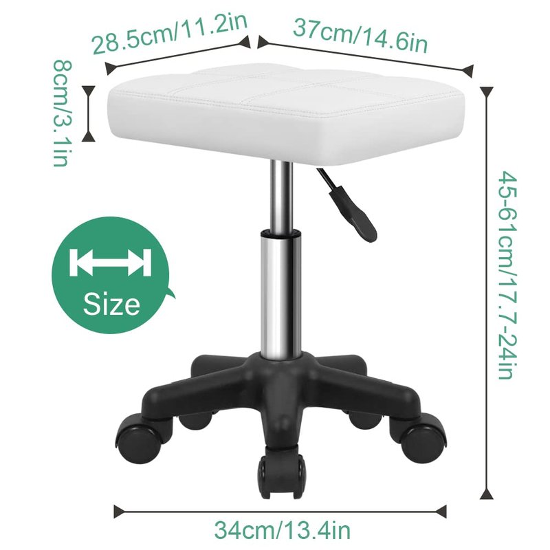 FURWOO Rectangle Rolling Stool with Wheels Height Adjustable Swivel Stool Chair for Spa Salon Massage White