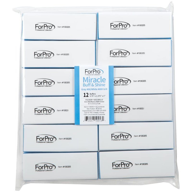 ForPro Professional Collection Miracle Buff & Shine - Grey 400/White 4000 Grit- Twelve (12) Double Sided Manicure & Pedicure Buffers - 1” H x 1.375” W x 3.75” L