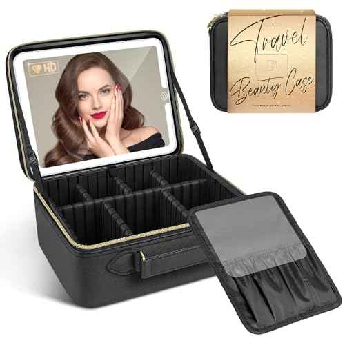 JUSRON Travel Makeup Bag With LED Mirror,Train Case with Light up Mirror, Portable Makeup Artist Organizer Bag with Adjustable Dividers (Black, Large)