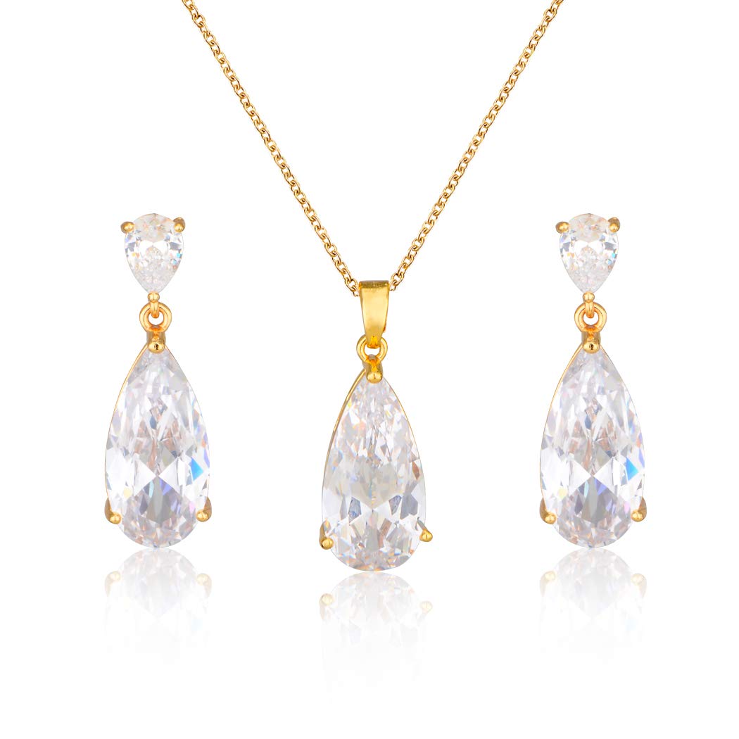 Bridal Jewelry Set for Wedding - 18k Gold Plated Teardrop Cubic Zirconia Crystal CZ Rhinetstone Diamond Necklace Earrings Set for Bride Bridesmaids Mother of Bride Prom Party Formal Jewelry for Women