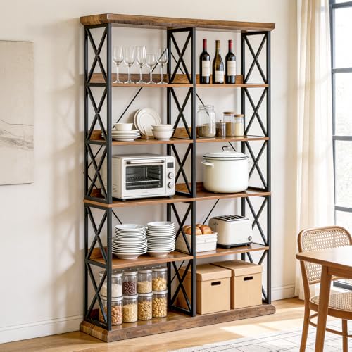 LITTLE TREE Industrial Bookshelf, 6-Tier 47" Wide Bookcase, 75" Tall Standing Shelf Units with 12 Wooden Shelves, Large Open Metal Display Organizer for Office, Living Room, Bedroom, Rustic Brown