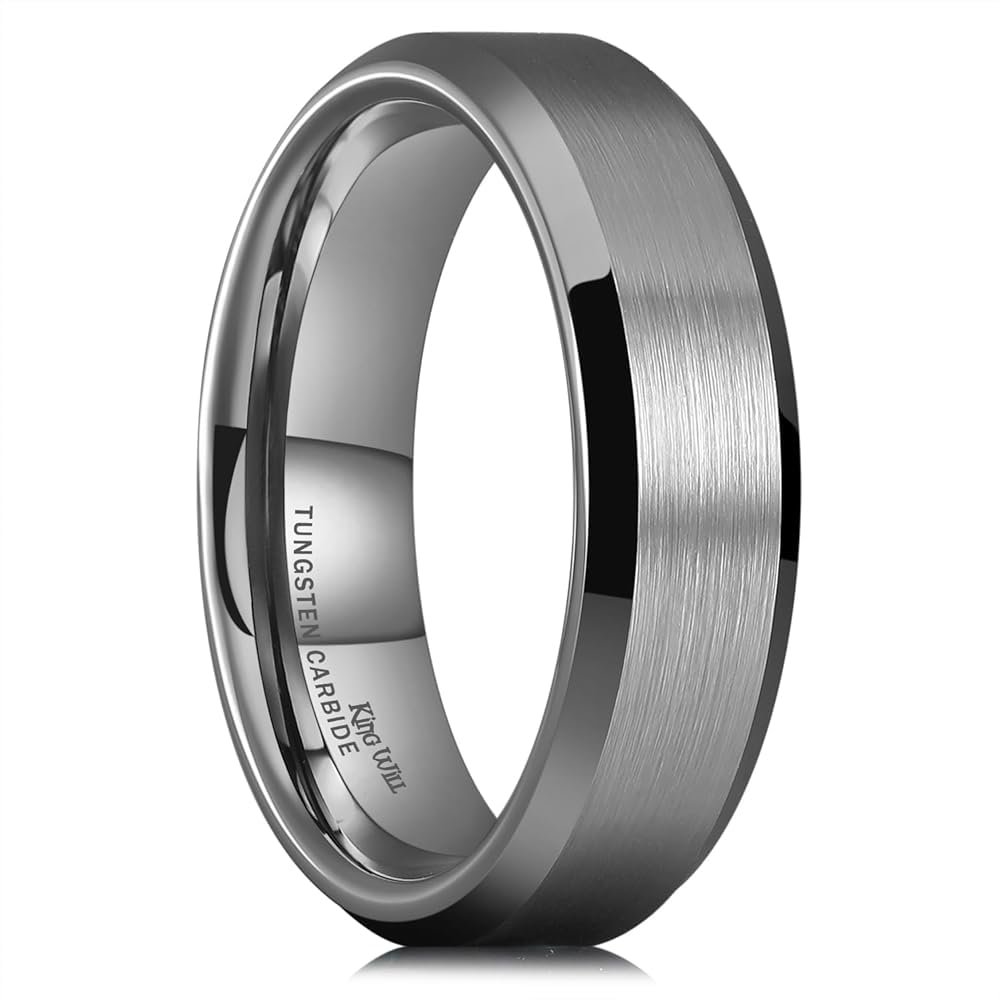 King Will 6mm Men's Gunmetal Gray Wedding Ring - Brushed Matte Surface, Beveled Polished Edge, Comfort Fit Size 12