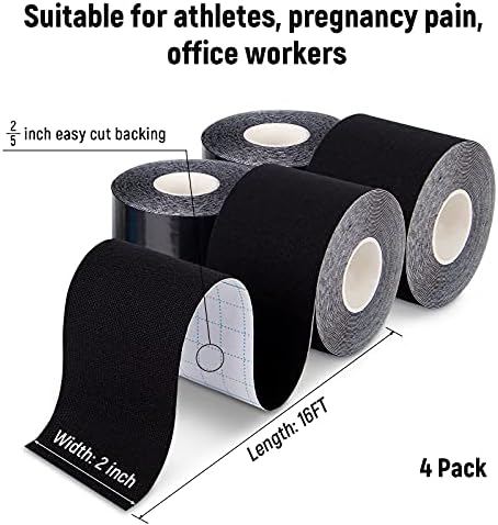 4 Pack Kinesiology Tape for Sports Athletes - 16 FT Waterproof Athletic Tape for The Knee, Elbow and Shoulder Muscles, etc.(5m X 5cm) (Black)
