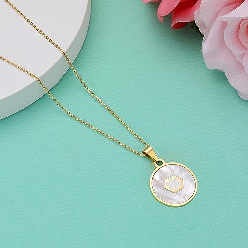 Medical Alert Necklace for Women Shell & Gold-Tone Stainless Steel Emergency ID Tag Pendant Necklace for Girls Custom Engraved Medical Alert Jewelry