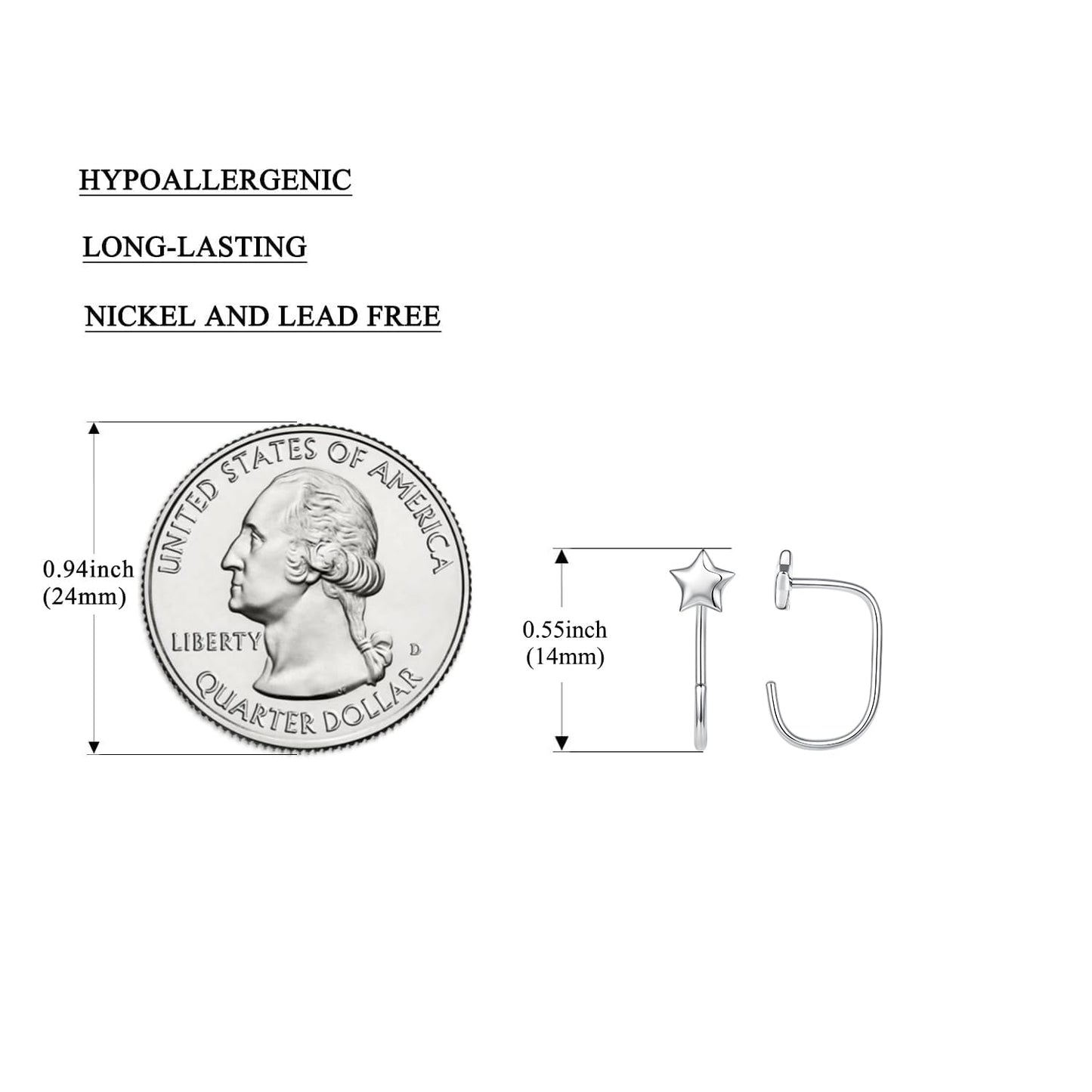 BISAER 925 Sterling Silver Heart Star Small Hoop Earrings, Hypoallergenic Backless Earrings Cartilage Earrings for Women, Dainty Sleeper Earrings with No Back Half Hoop Earrings Jewelry Gift for Her