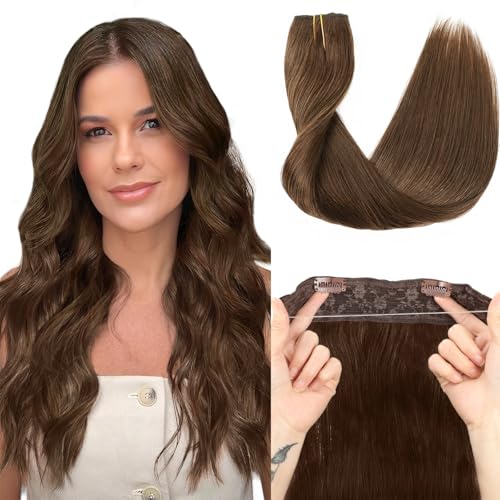 Star Show Hair Extensions Real Human Hair Chocolate Brown Hair Extensions Straight Human Hair Extensions with Transparent Wire Adjustable Size Line Hairpiece (18inch, Chocolate Brown #4)