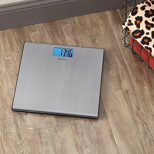 Taylor Digital Scales for Body Weight, Extra-High 440 lb Capacity, Thin Profile, Unique Blue LCD, Glass Platform, 12.2 x 12.2 Inches, Stainless Steel
