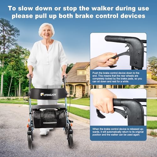 Lightweight Rollator Walker All-Terrain Foldable with seat and Adjustable Height backrest, 300 lbs Capacity, 10" Front & 8" Rear Wheels for Seniors, Adults, bariatric, Includes Cane Holders