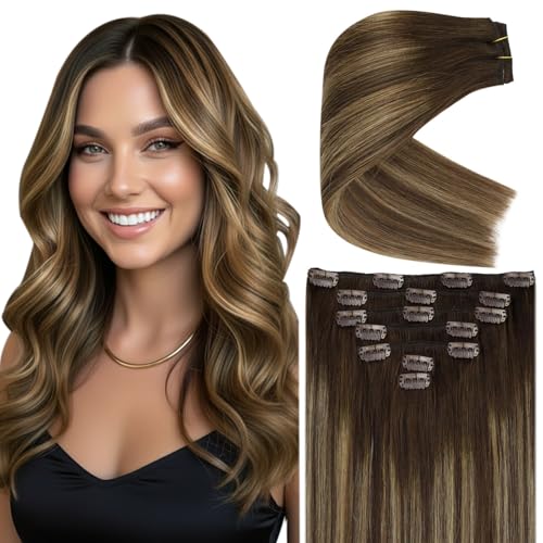 Ve Sunny Clip in Human Hair Extensions Dark Brown Balayage Caramel Blonde Human Hair Clip in Extensions 14inch Short Hair Extensions Real Human Hair Clip ins 100g 7Pcs