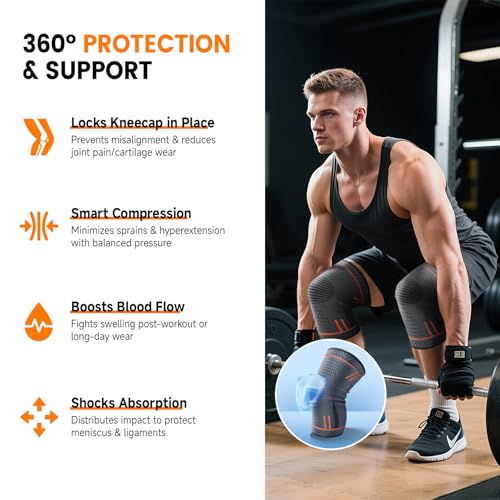 Compression Knee Brace for Women Men 2 Pack Compression Knee Sleeve Knee Brace for Knee Pain Arthritis Meniscus Tear Knee Support for Running Workout Wrestling Weightlifting Sport Athletics Orange XL
