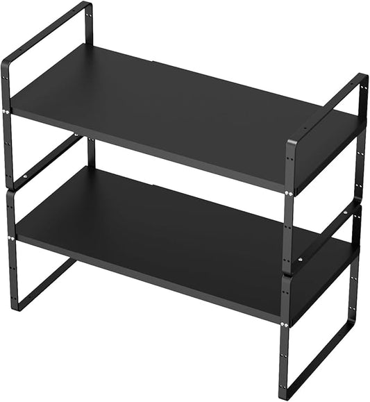 SANNO Expandable Kitchen Shelf Organizers,Adjustable Height Large Stackable Kitchen Cupboard Cabinet, Pantry and Counter Shelf Organizer, Cupboard Stand Spice Rack, Black, 2 Pack