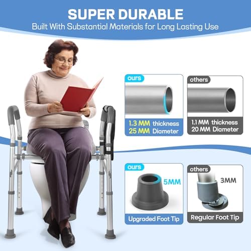 Raised Toilet Seat with Handles, Heavy Duty 500lb Toilet Seat Risers for Seniors, Extra Support Bars for Soft Padded Seat, Adjustable Width&Height Toilet Seat Riser for Disabled-Gray