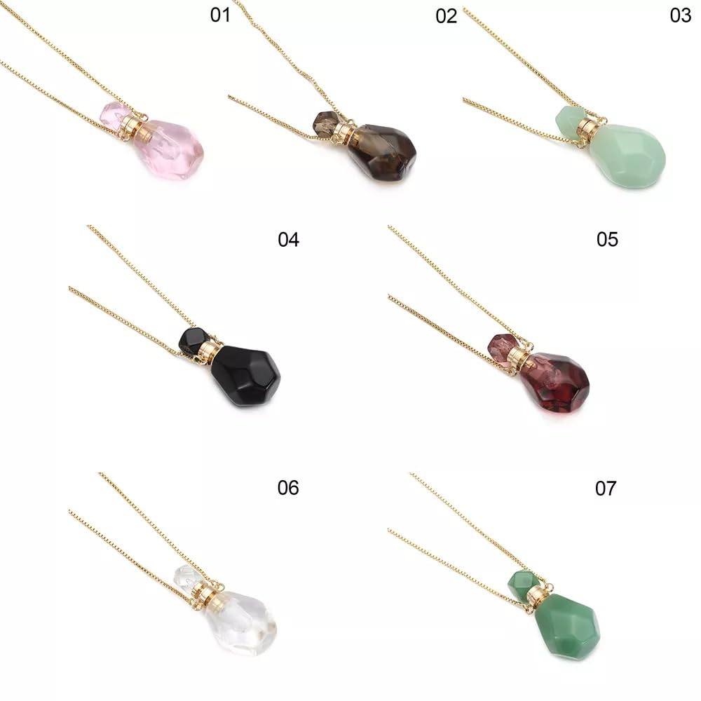14K Yellow Gold Natural Stone Vial Necklace For Women - Glass Pendant Water Drop Jar Perfume Jewelry - Container For Liquid Oil Diffuser