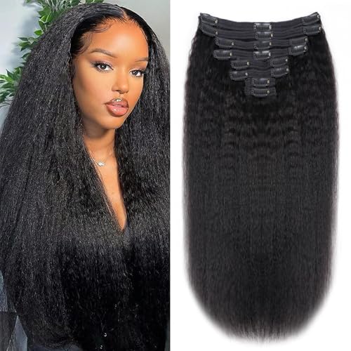Kinky Straight Human Hair Clip in Extensions 120g Full Head Clip ins for Women 100% Unprocessed Brazilian Virgin Human Hair Yaki Straight Clip ins Remy Hair Natural Black 8Pcs 18Clips 22inch