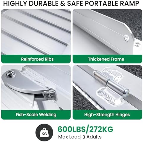 8 Feet Portable Wheelchair Ramp, 600 LBS Capacity Folding Aluminum Threshold Ramp with Anti-Slip Surface, Mobility Access Handicap Ramp for Home Steps, Doorway, Stairs, Doorways, Scooter