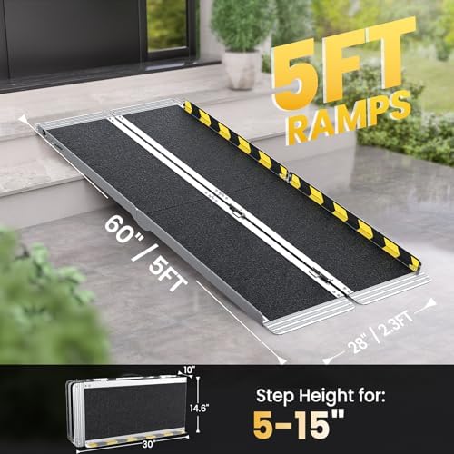 5 Feet Portable Wheelchair Ramp, 600 LBS Capacity Folding Aluminum Threshold Ramp with Anti-Slip Surface, Mobility Access Handicap Ramp for Home Steps, Doorway, Stairs, Doorways, Scooter