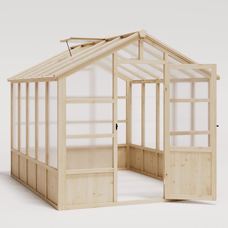 10x8FT Greenhouses for Outdoors, Wooden Greenhouse with Lockable Door, Wood Frame & Adjustable Vent, Polycarbonate Panel Heavy Duty Greenhouse for Outside, Garden, Yard, Light Brown