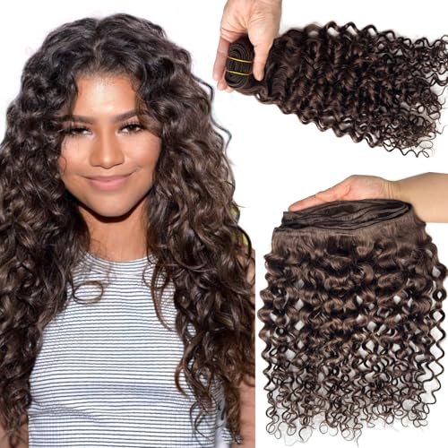 Water Wave Human Hair Bundles Sew in Hair Extensions Real Human Hair Wefts, Chocolate Brown Hair Wefts Extensions Real Human Hair Weave Bundles 22 Inch Burmese Human Hair Weft Curly Bundles 120G