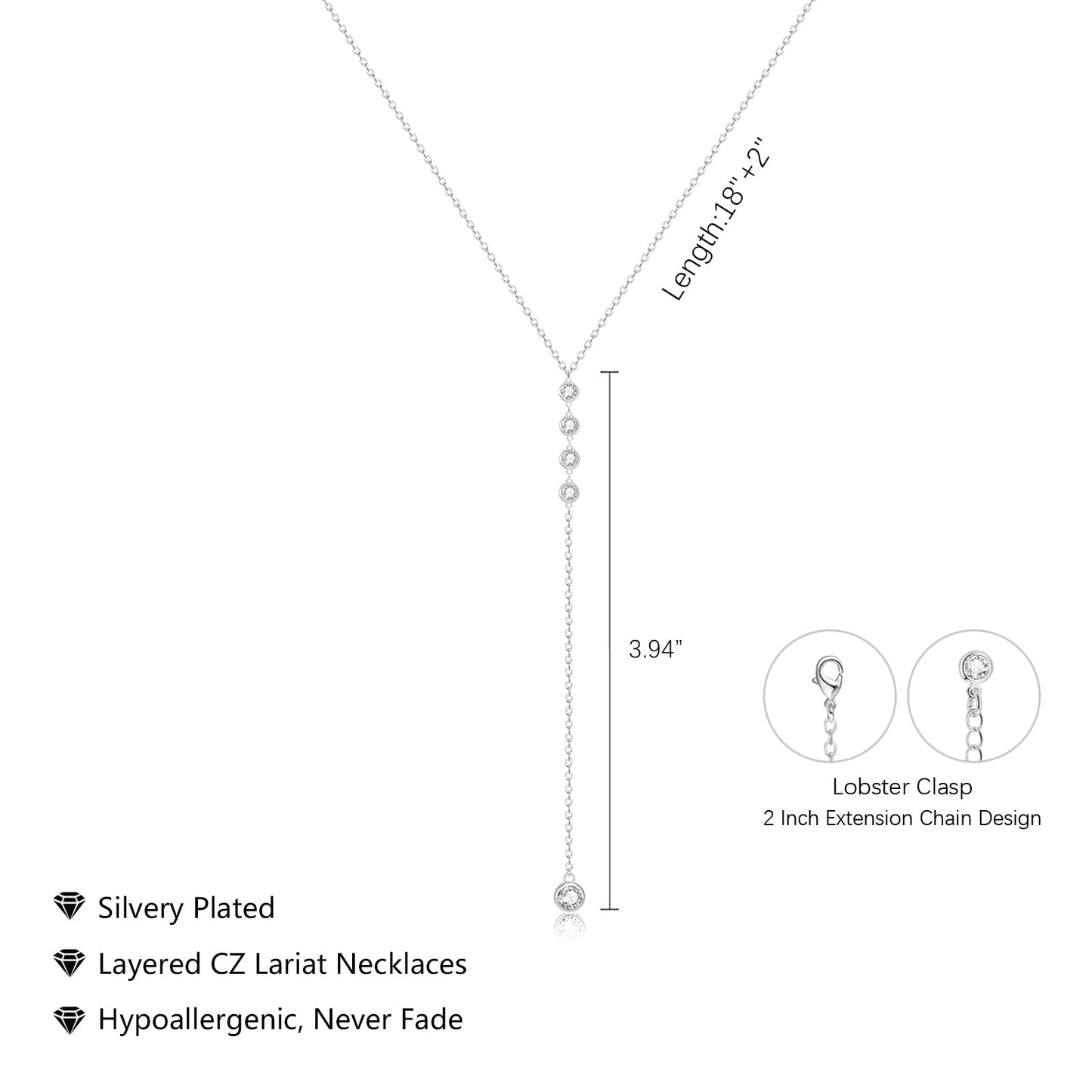 Luxval Long Silver Necklace for Women Trendy Dainty Silver Plated Drop Lariat Necklace Simple CZ Y-Shaped Body Chain Wedding Prom Statement Necklace Jewelry Gifts