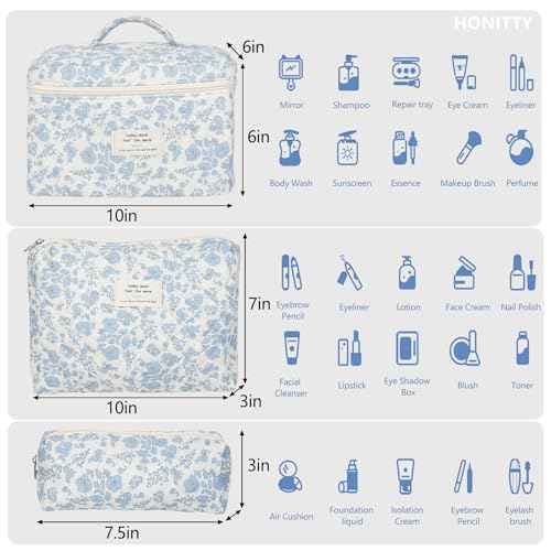 Makeup Bag,Quilted Cosmetic Bag,Large Floral Make Up Bag for Women,Cotton Makeup Bag Set,Flower Travel Toiletry Bag