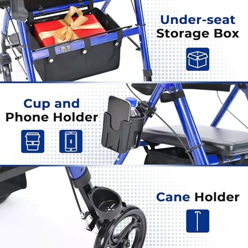 Metro Mobility 2 in 1 Rollator Walker & Transport Wheelchair, Foldable Lightweight Rollator Walker with Seat for Seniors, 8" Big Wheels for All Terrain, 300 lb. Weight Capacity, Blue