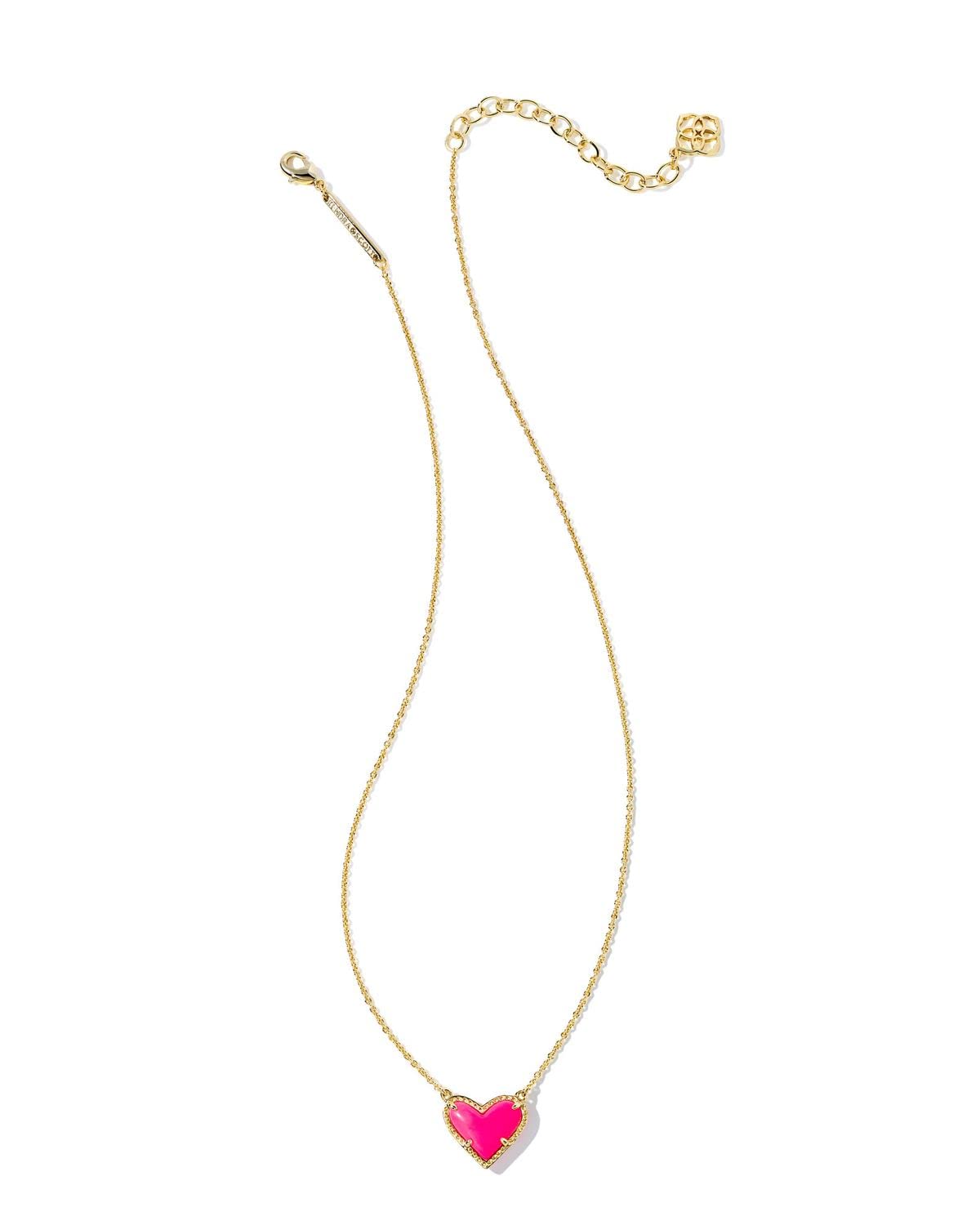 Kendra Scott Ari Heart Adjustable Length Pendant Necklace for Women, Fashion Jewelry, 14k Gold-Plated, Neon Pink