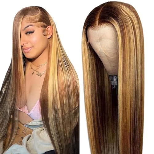 250% Density Ombre Highlight 13X6 Tansparent Lace Front Straight Wig Human Hair HD Lace frontal Wigs Pre Plucked with Baby Hair Glueless Wigs for Black Women