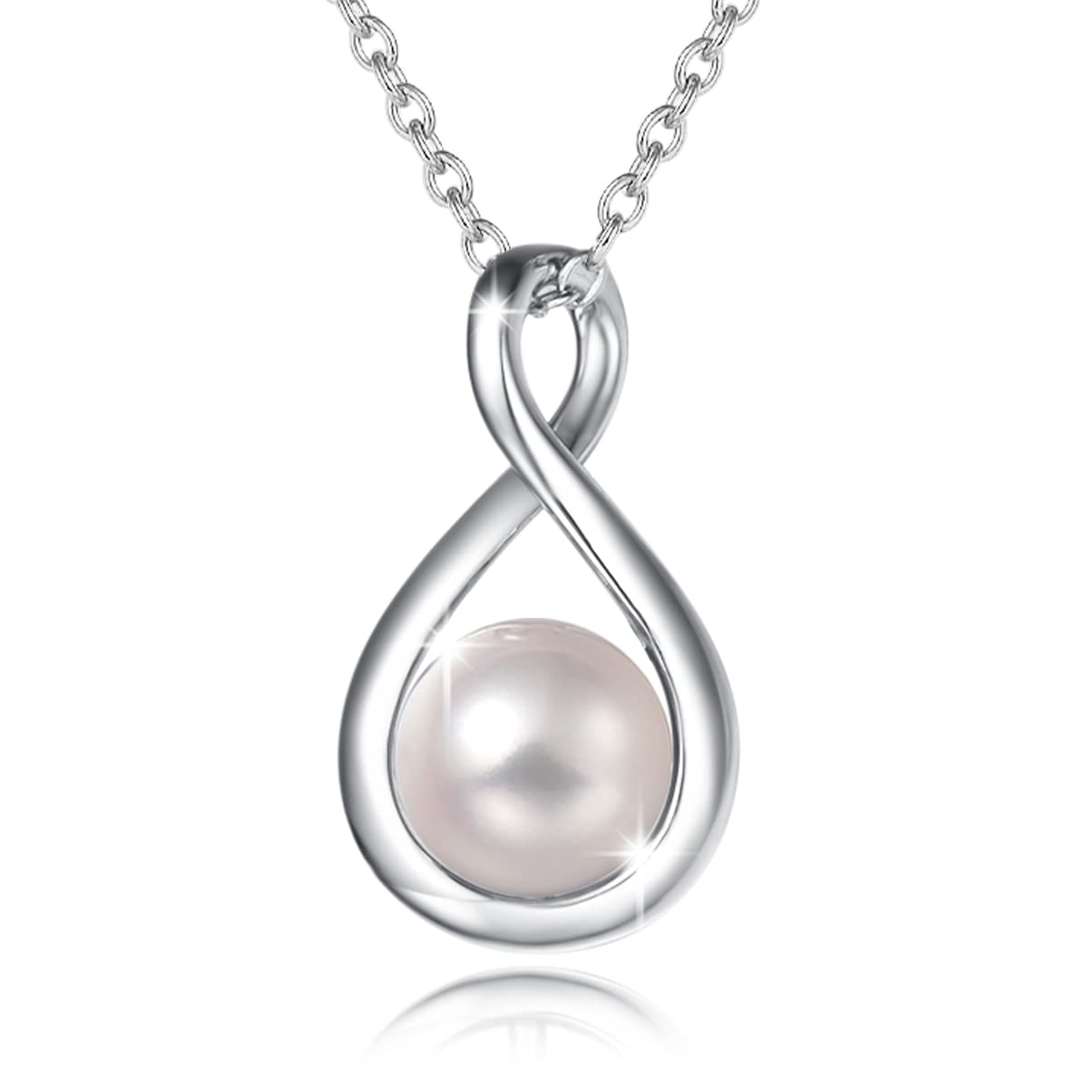 FANCIME White Pearl Necklace June Birthstone Necklace for Women, 925 Sterling Silver Dainty Infinity Pendant Fine Jewelry Birthday Mothers Day Gifts for Women Her Mom Daughter, 16+2 Inch