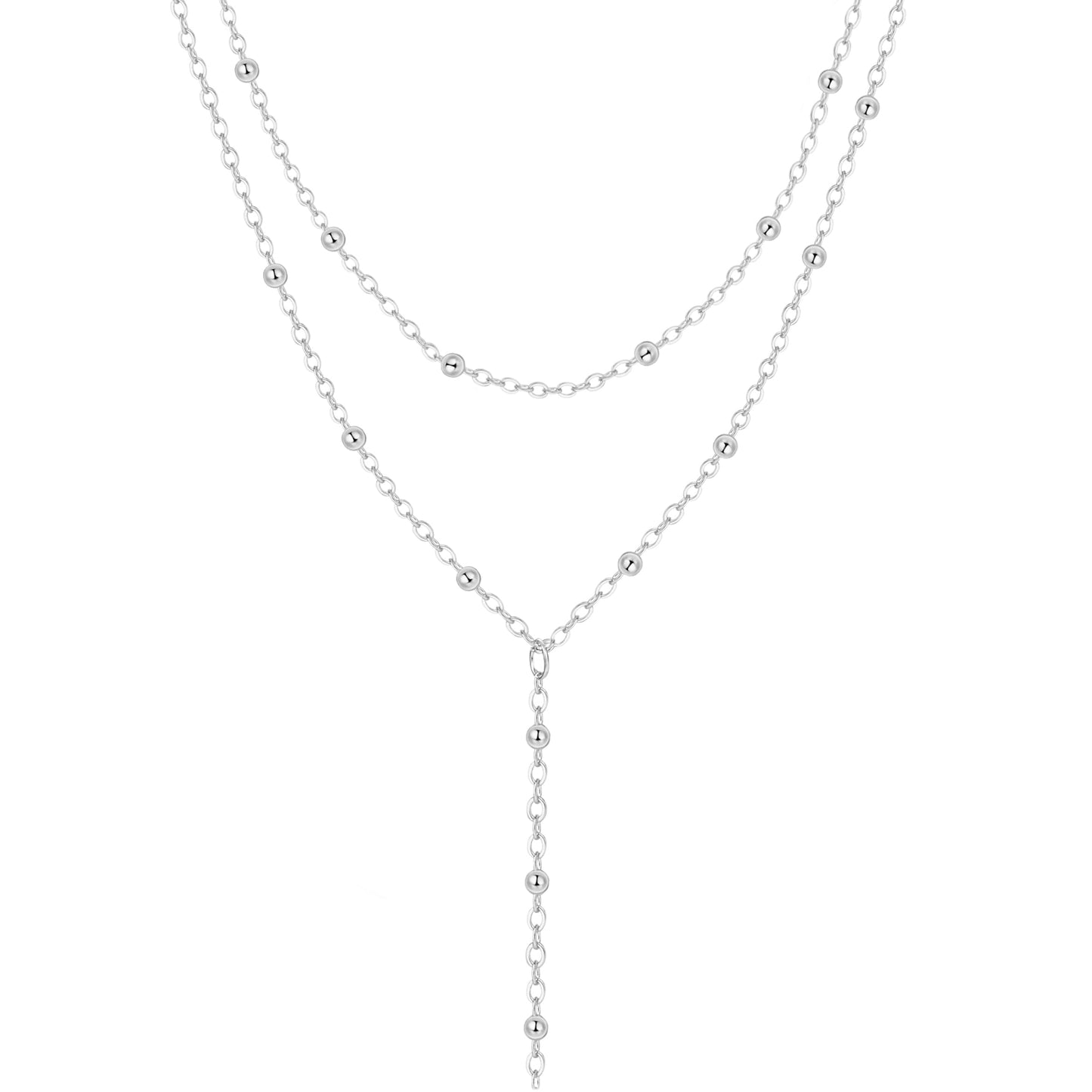 JIKASI Lariat Silver Necklaces for Women Trendy Dainty Long Necklace Sterling Silver Plated Drop Rosary Beaded Chain Necklaces Y Layered Pendant Necklace Simple Gold Statement Jewelry Gifts