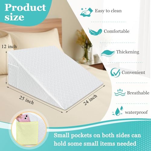 Wedge Pillow Case Cover 25x24x12 Bed Wedge Pillowcase Triangle Incline Wedge Pillow Covers for Sleeping Waterproof Pillow Cases Protector with Zipper & Pocket (Waterproof Cover Only)