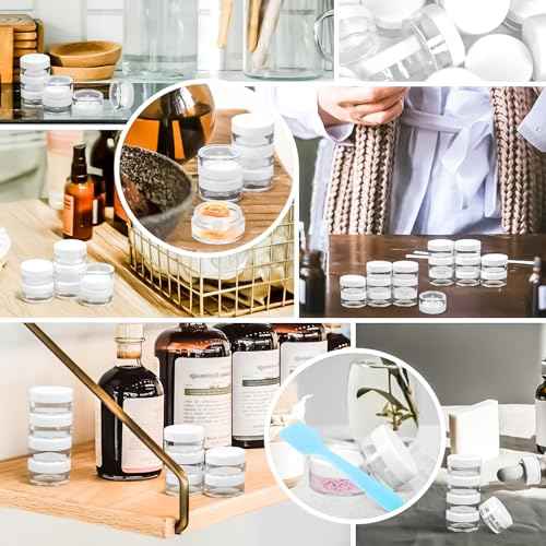 MotBach 100 Pack 5g Plastic Jars with Lids, 5ml Round Clear Cosmetic Containers Makeup Jars, 5gram Travel Size Container Jar with Spatulas for Makeup Sample Lotion Cream Ointment Salve Balm Powder