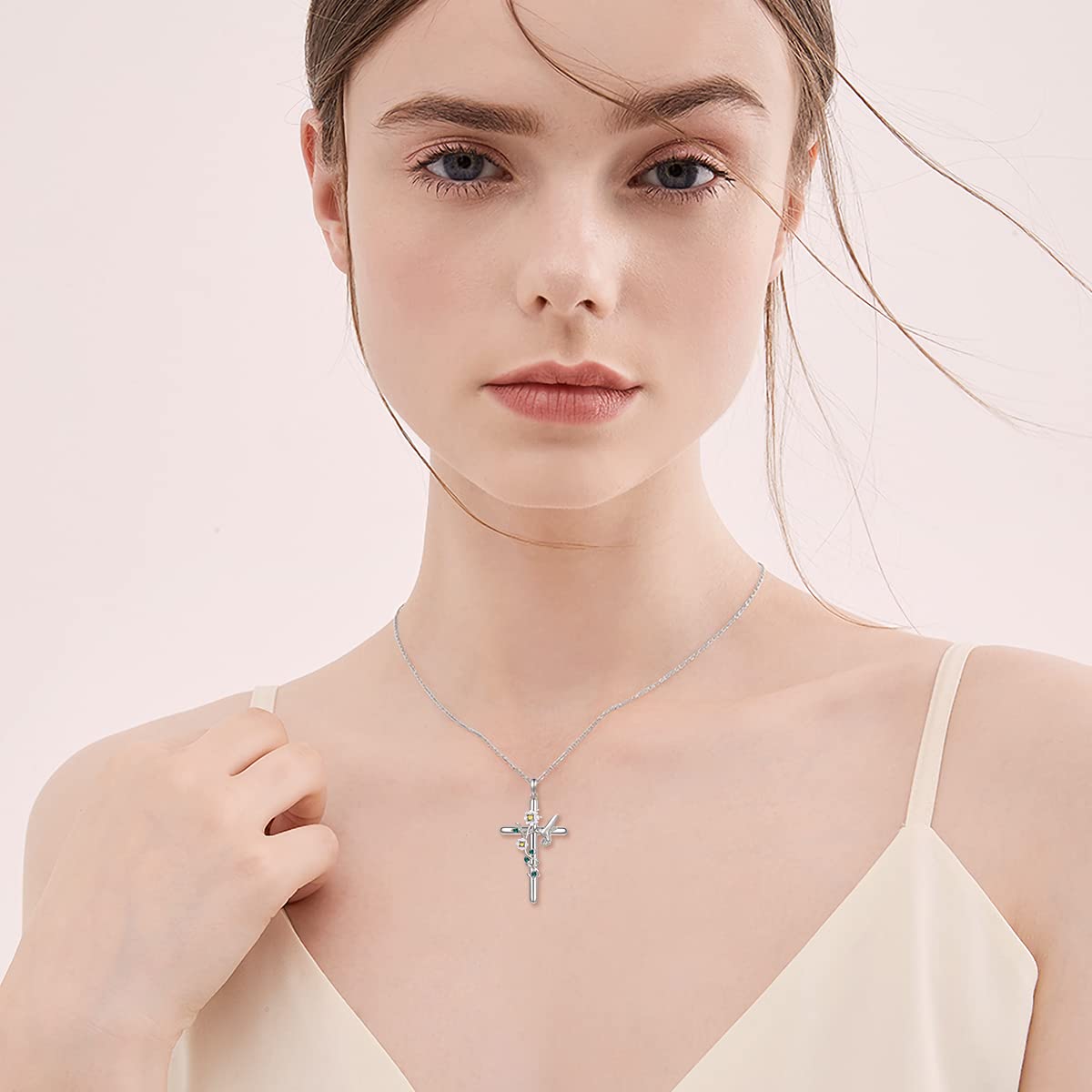 Flpruy Hummingbird Cross Necklace 925 Sterling Silver Hummingbird Gifts Cross Pendant Necklace for Women