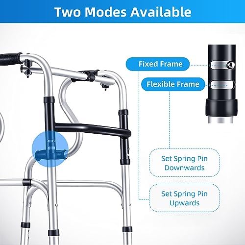 Foldable Walkers for Seniors - Aluminum Stepped Handrail Walker, Height Adjustable Walkers for Seniors, Lightweight Folding Walkers, 2 Wheels with Bearings Available as an Option, Silver