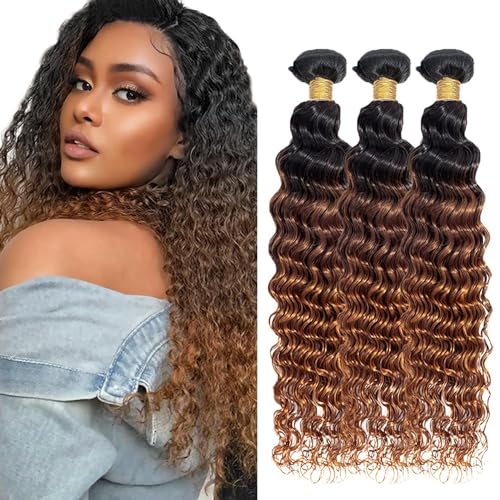 Bundles Human Hair 18 20 22 Inch Omber Deep Wave Human Hair Bundles Natural Chocolate Brown T1B/4/30 Unprocessed Raw Brazilian Virgin Remy Quick Weave for Black Women