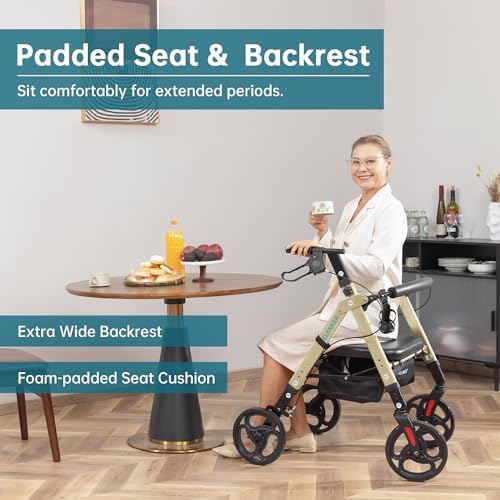 ELENKER Heavy Duty Rollator Walker with Extra Wide Padded Seat and Backrest, Aluminum Bariatric Rolling Walker, 10” Wheels, Support up to 500lbs for Seniors, Adults, Golden