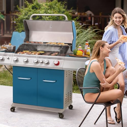 Royal Gourmet GA5403B 5 Burner Propane Gas Grill with Side Burner & Rear Burner, Cabinet Style Design BBQ Grill with 74,000 BTUs Output for Barbecue Grilling & Backyard Cooking, Blue