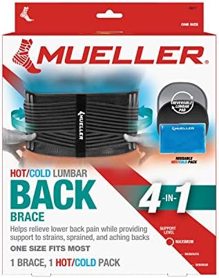 MUELLER Sports Medicine 4-in-1 Lumbar Back Brace with Hot/Cold Pack, Ideal for Upper and Lower Back Pain, Relief & Support for Men and Women, Strains, Sciatica, Scoliosis, Black, One Size