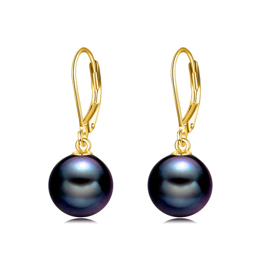 925 Sterling Silver Black Pearl Leverback Earrings Dangle Drop 18K Gold Plated Jewelry Gifts for Women (Black Pearl-Gold)