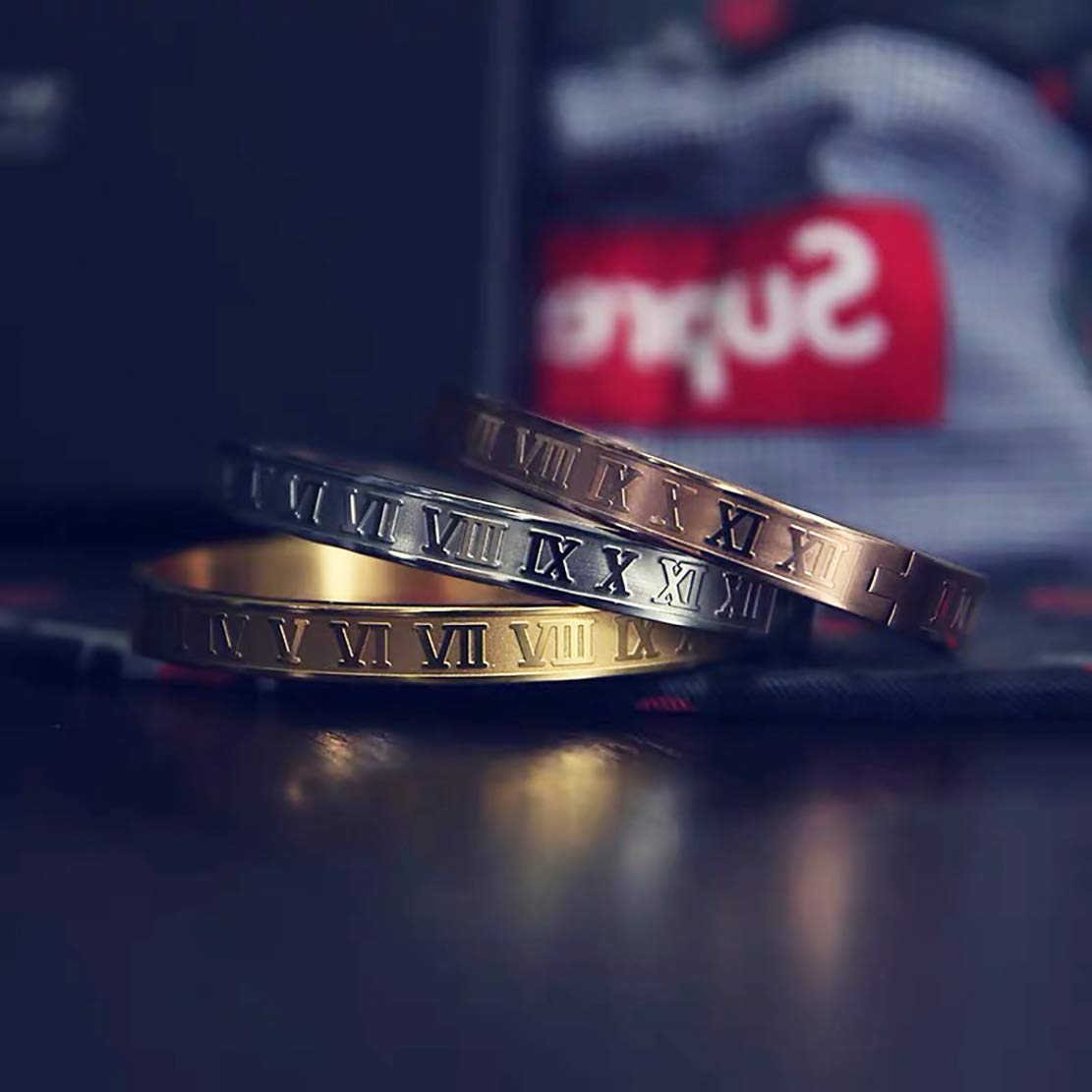 Jarlinwel Gold Silver Plated Bracelets for Men Women Roman Numeral Bangle Bracelet Stainless Steel Personalized Engraved Unisex Gift (Silver 6mm Womens)