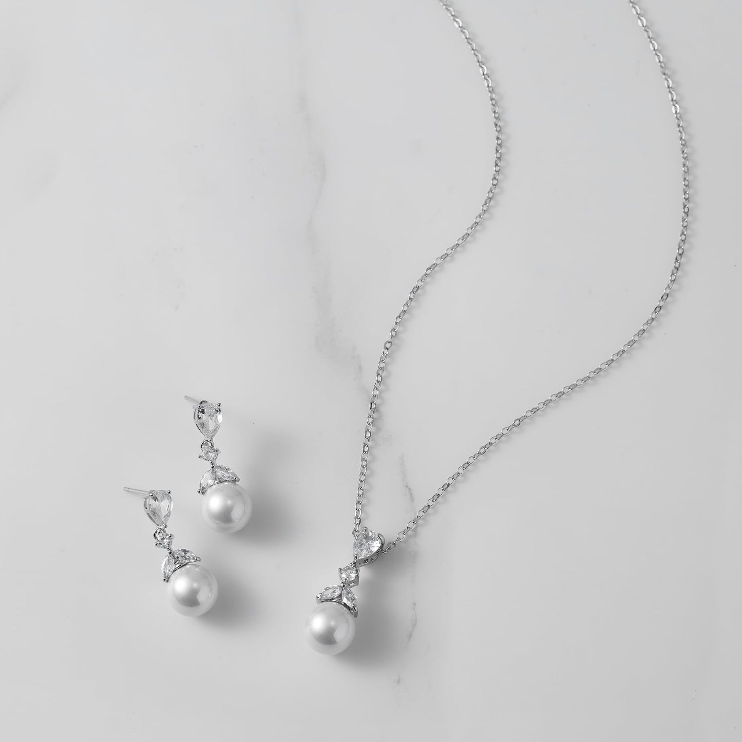 SWEETV Pearl Wedding Jewelry Set For Brides, Cubic Zirconia Wedding Necklace and Earrings Set, Elegant Bridal Jewelry Set for Women Bridesmaids Prom