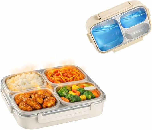 304 Stainless Steel Lunch Box for Work & Travel, 3-Compartment Leakproof Food Container, Healthy Eating & Portion Control, Safe for Home Use, Portion Control for Healthy Eating (Off-white 4 grids)
